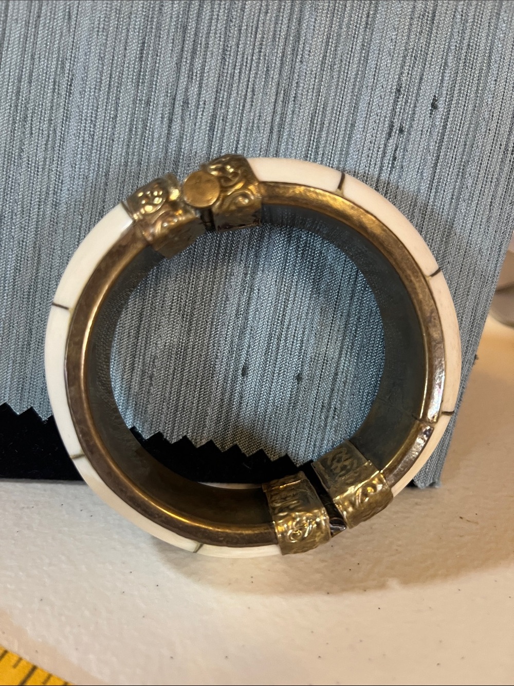 Vintage hinged brass with bone inlay bracelet/bangle